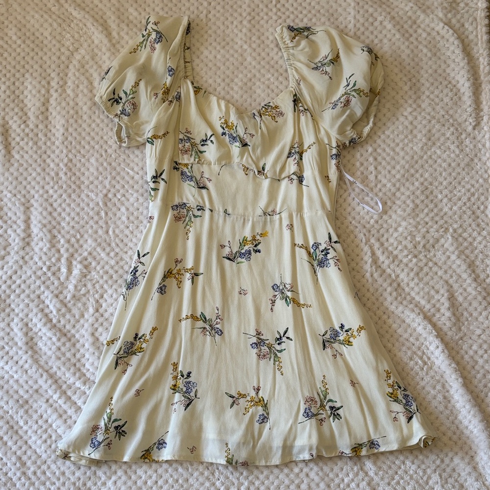 Lulu's Cream Floral Mini Dress with Blue & Yellow Accents
